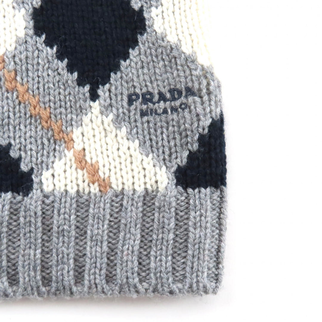 極美品★PRADA プラダ P24T2P カシミヤ100％ ロゴ刺繍入り アーガイル 半袖ニット グレー 36 イタリア製 正規品 レディース 定価319000円