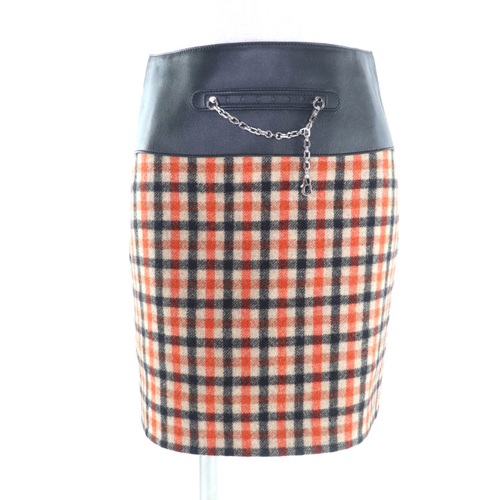極美品★HERMES エルメス 3H0322DE カシミヤ ウール混 チャーム付 レザー使い チェック柄 台形 スカート マルチ 34 仏製 レディース