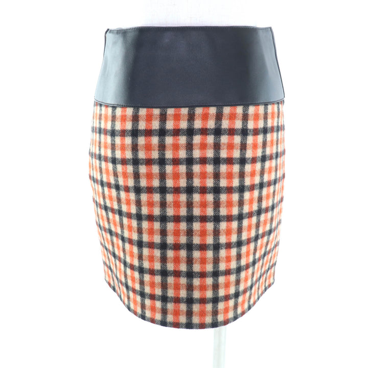 極美品★HERMES エルメス 3H0322DE カシミヤ ウール混 チャーム付 レザー使い チェック柄 台形 スカート マルチ 34 仏製 レディース