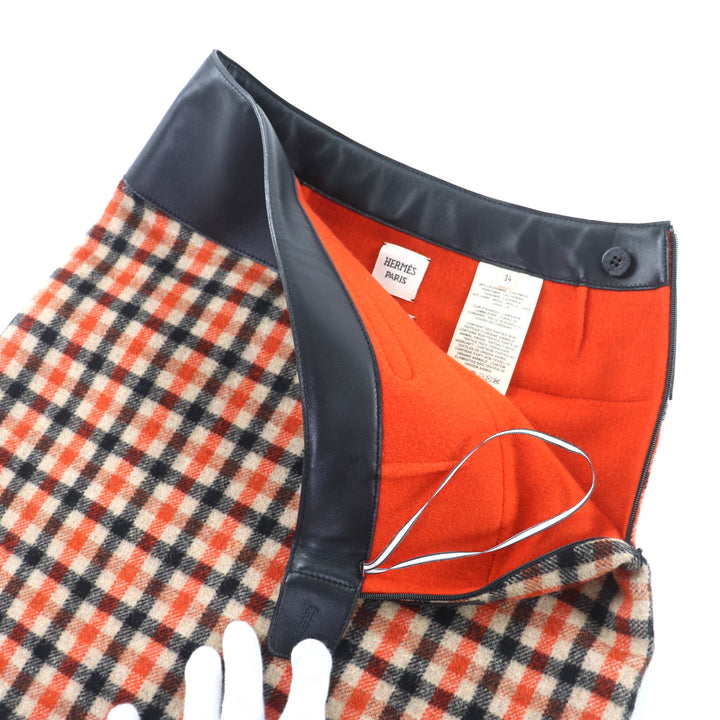 極美品★HERMES エルメス 3H0322DE カシミヤ ウール混 チャーム付 レザー使い チェック柄 台形 スカート マルチ 34 仏製 レディース