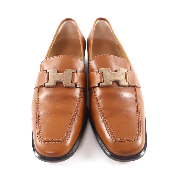 美品★HERMES エルメス ヴィンテージ ロゴプレート付 スクエアトゥ レザー パンプス ローファー ブラウン 37 イタリア製 レディース