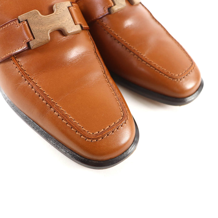 美品★HERMES エルメス ヴィンテージ ロゴプレート付 スクエアトゥ レザー パンプス ローファー ブラウン 37 イタリア製 レディース