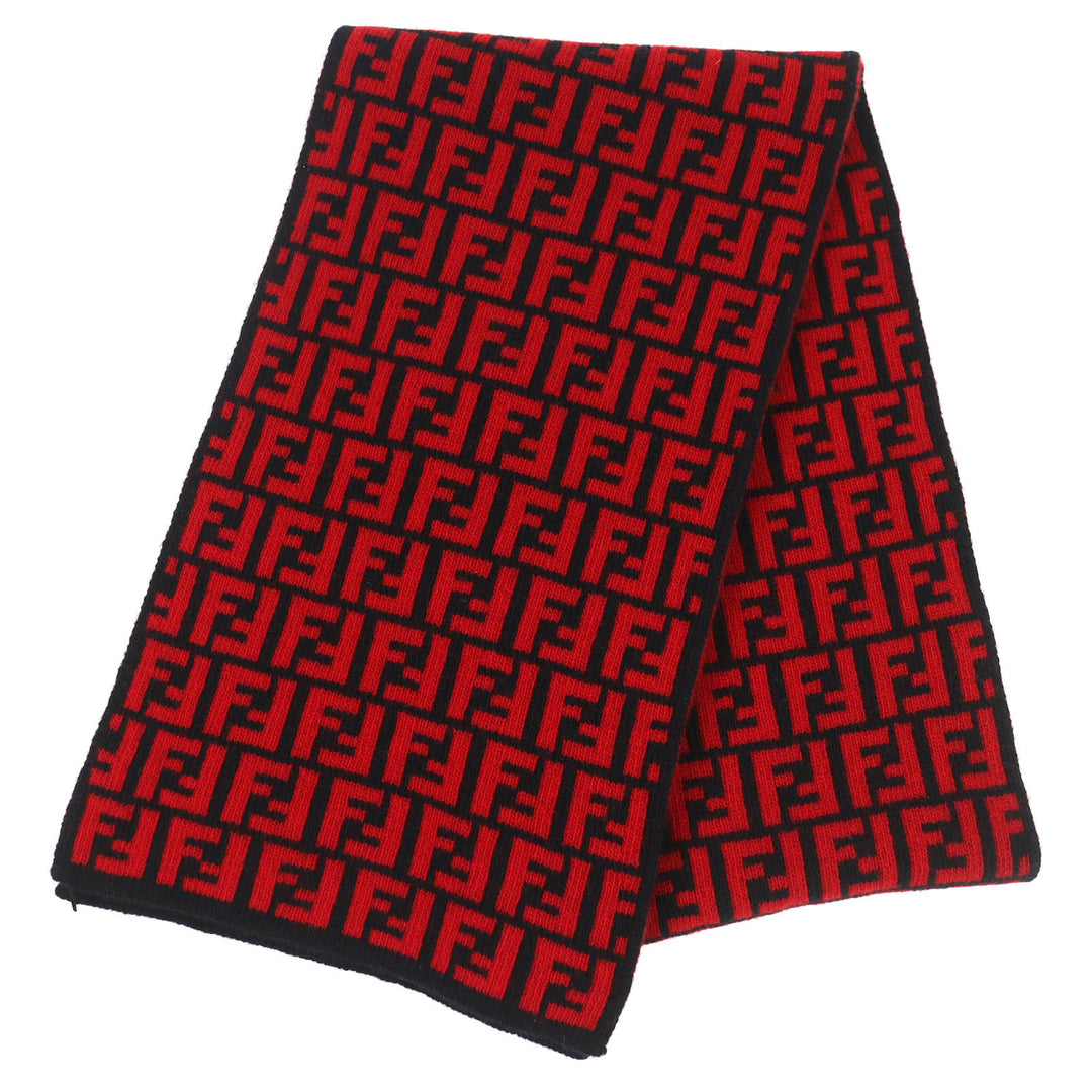未使用品△FENDI フェンディ FXS346 ウール100％ FFロゴ ズッカ柄 ニット マフラー レッド ブラック イタリア製 正規品 レディース