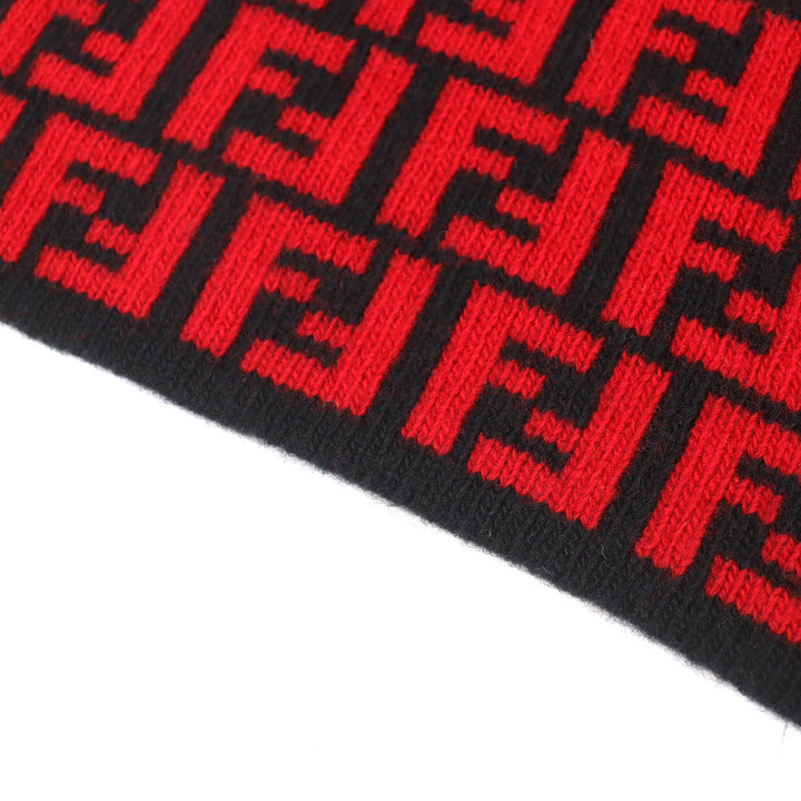 未使用品△FENDI フェンディ FXS346 ウール100％ FFロゴ ズッカ柄 ニット マフラー レッド ブラック イタリア製 正規品 レディース