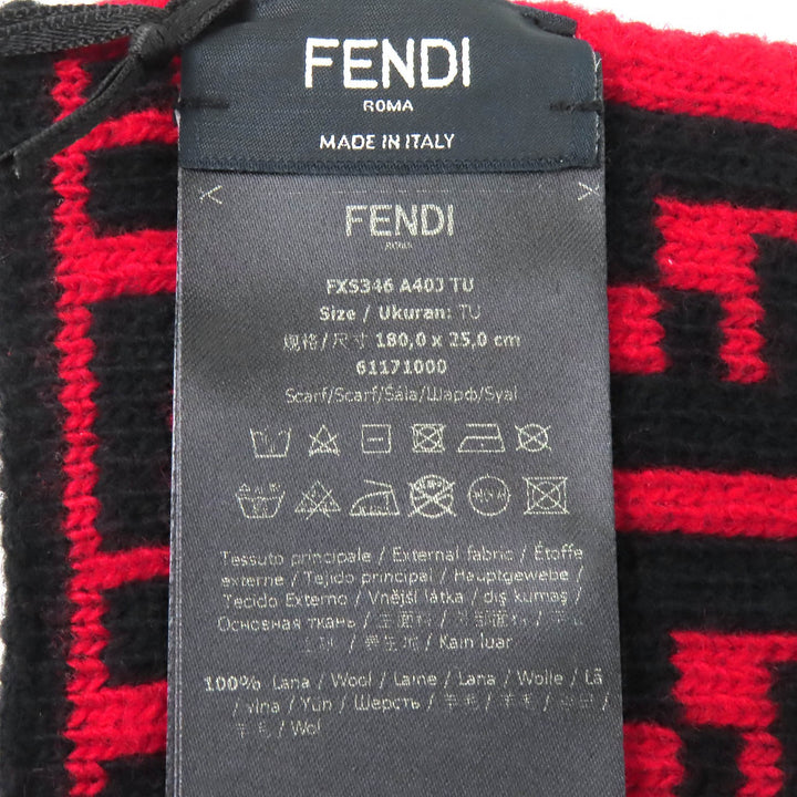 未使用品△FENDI フェンディ FXS346 ウール100％ FFロゴ ズッカ柄 ニット マフラー レッド ブラック イタリア製 正規品 レディース