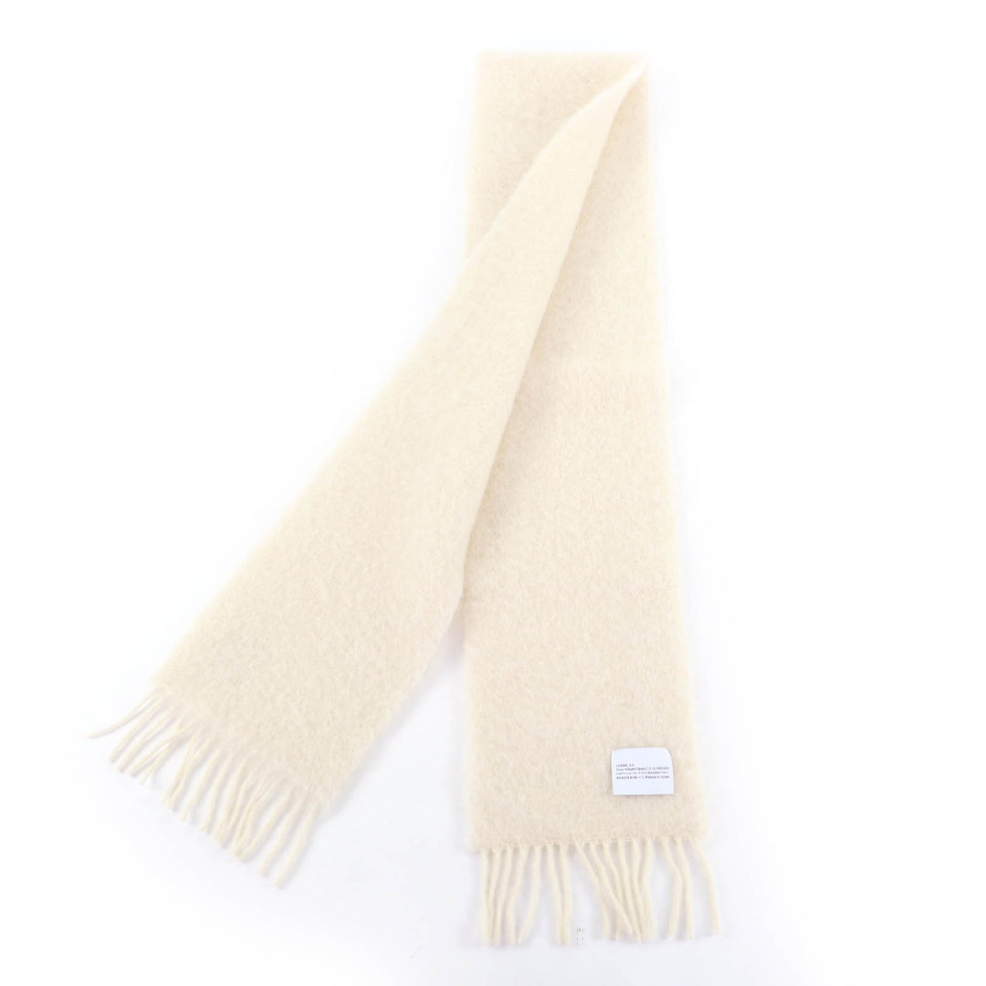 美品★LOEWE ロエベ A-28003861 モヘア ウール混 レザーアナグラムパッチ フリンジ付 マフラー アイボリー スペイン製 正規品