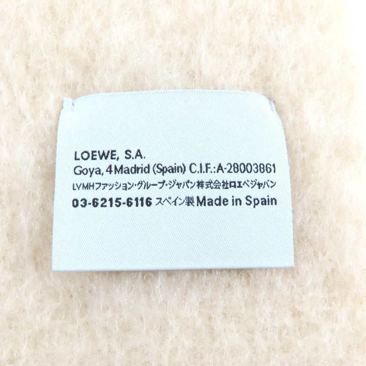 美品★LOEWE ロエベ A-28003861 モヘア ウール混 レザーアナグラムパッチ フリンジ付 マフラー アイボリー スペイン製 正規品