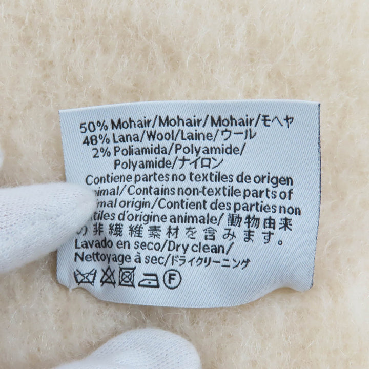 美品★LOEWE ロエベ A-28003861 モヘア ウール混 レザーアナグラムパッチ フリンジ付 マフラー アイボリー スペイン製 正規品