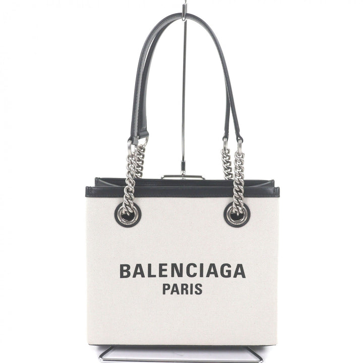 極美品□BALENCIAGA バレンシアガ 759941 DUTY FREE TOTE S キャンバス レザー チェーンショルダー ハンドバッグ ライトベージュ 伊製