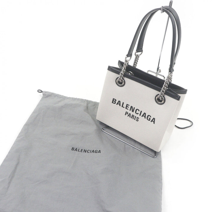極美品□BALENCIAGA バレンシアガ 759941 DUTY FREE TOTE S キャンバス レザー チェーンショルダー ハンドバッグ ライトベージュ 伊製