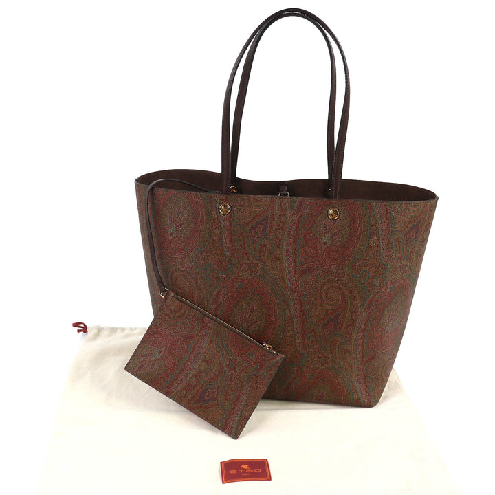 極美品△ETRO エトロ エッセンシャルバッグ マキシ レザー使い ペイズリー柄 ポーチ付き 大型 トートバッグ ブラウン系 保存袋付き 伊製