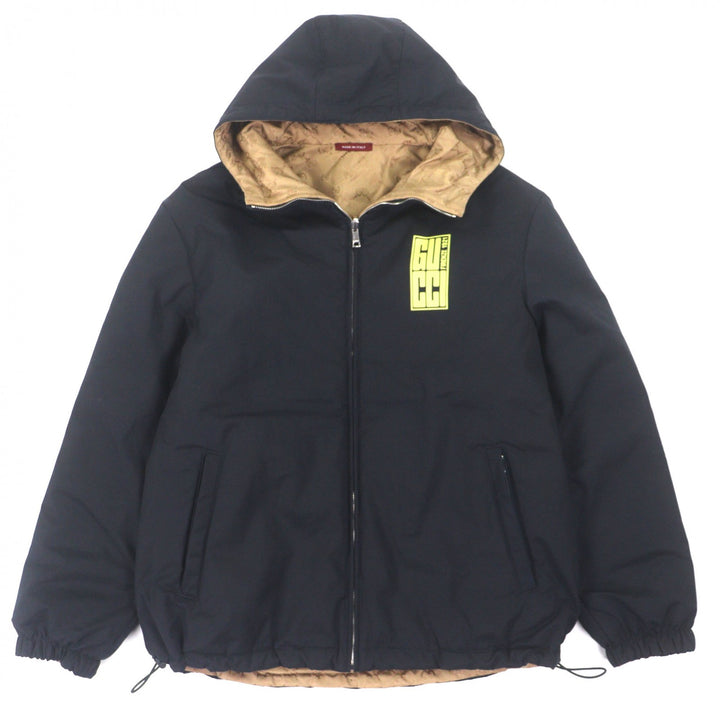 美品▼GUCCI グッチ 787200 GG柄 ロゴプリント リバーシブル ジップアップ マウンテンパーカー ネイビー ベージュ 44 伊製 正規品 メンズ