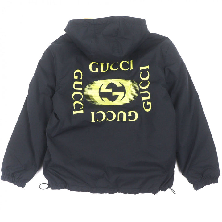 美品▼GUCCI グッチ 787200 GG柄 ロゴプリント リバーシブル ジップアップ マウンテンパーカー ネイビー ベージュ 44 伊製 正規品 メンズ