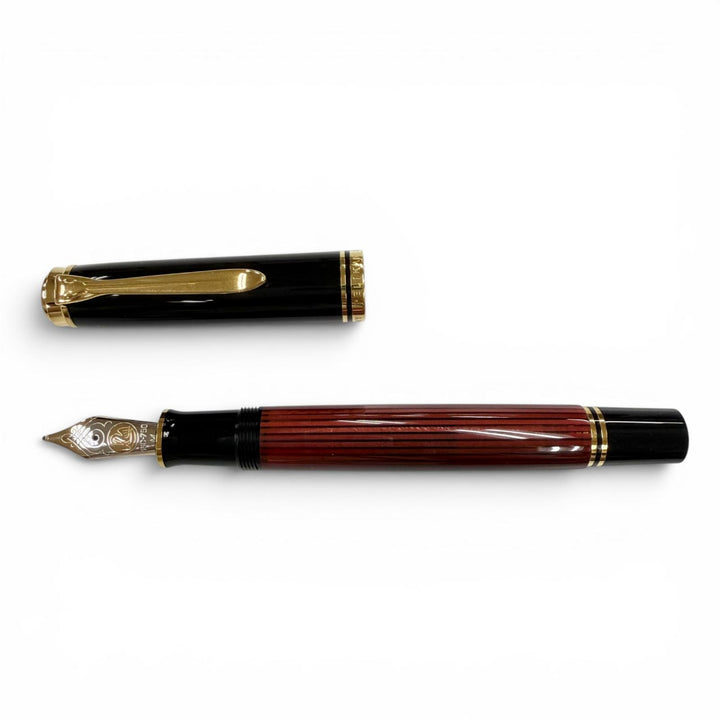 極美品▼PERIKAN ペリカン スーベレーン M800 ペン先18K Mニブ 万年筆 レッドストライプ ブラック ゴールド ドイツ製 メンズ