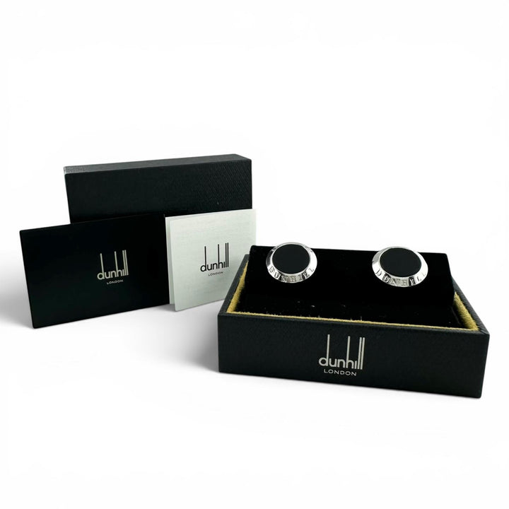 極美品▲Dunhill ダンヒル JSB8201H AG925 オニキス AD COIN ラウンド カフスボタン カフリンクス ブラック シルバー メンズ 箱付き