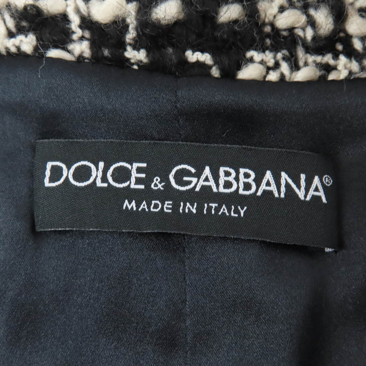 極美品☆DOLCE&amp;GABBANA ドルチェ＆ガッバーナ モヘア アルパカ混 ツイード ノーカラー ジャケット ブラック ホワイト 40 伊製 正規品