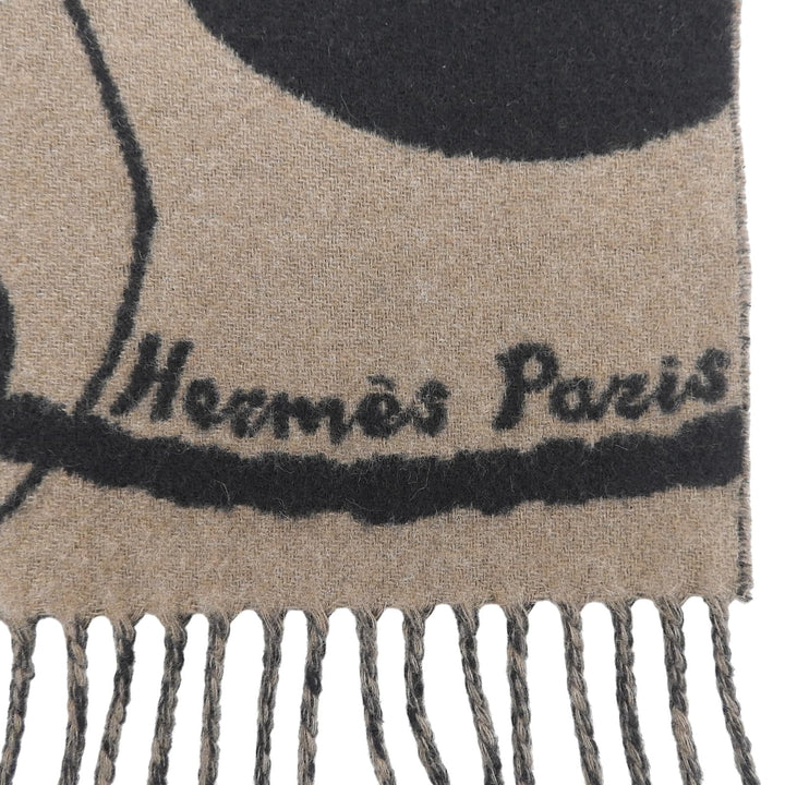 極美品▲HERMES エルメス クリッククラック カシミヤ100％ フリンジ付き マフラー ストール ブラウン ブラック イギリス製 レディース