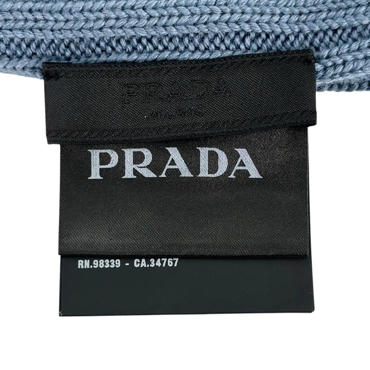 極美品▲PRADA プラダ UMD188 ウール100% ロゴタグ リブニット帽 ニットキャップ 帽子 ブルー M イタリア製 正規品 メンズ