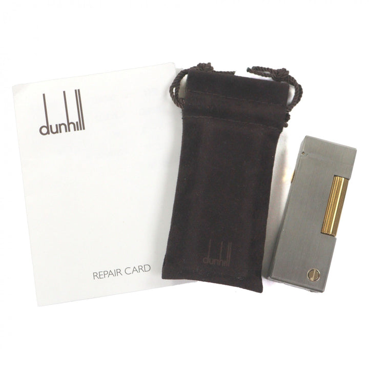 美品▼Dunhill ダンヒル バーレイ ヘアライン スクエア ロゴ金具 ローラー式 ガス ライター シルバー ゴールド 保存袋付き 着火確認済み