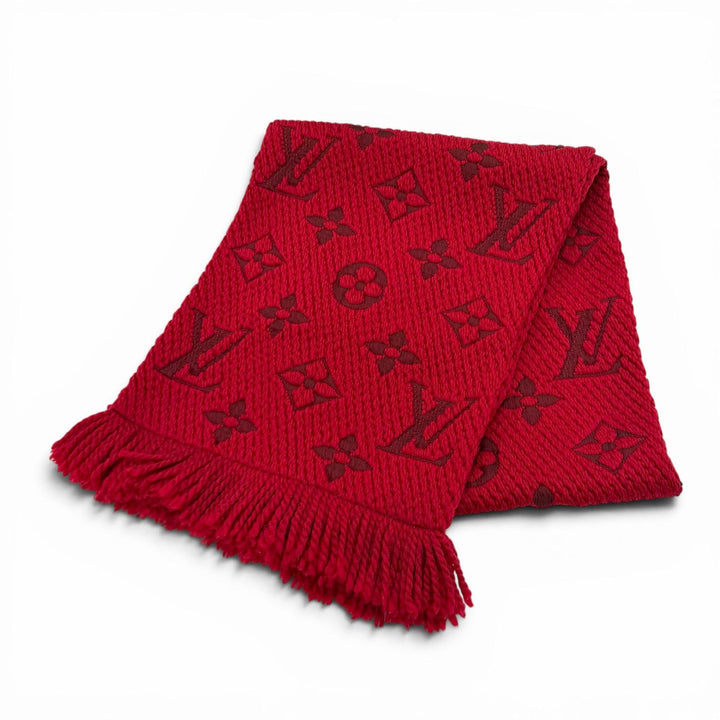 美品★LOUIS VUITTON ルイヴィトン 413287 エシャルプロゴマニア ウール シルク混 ルビー フリンジ付き マフラー イタリア製 レディース