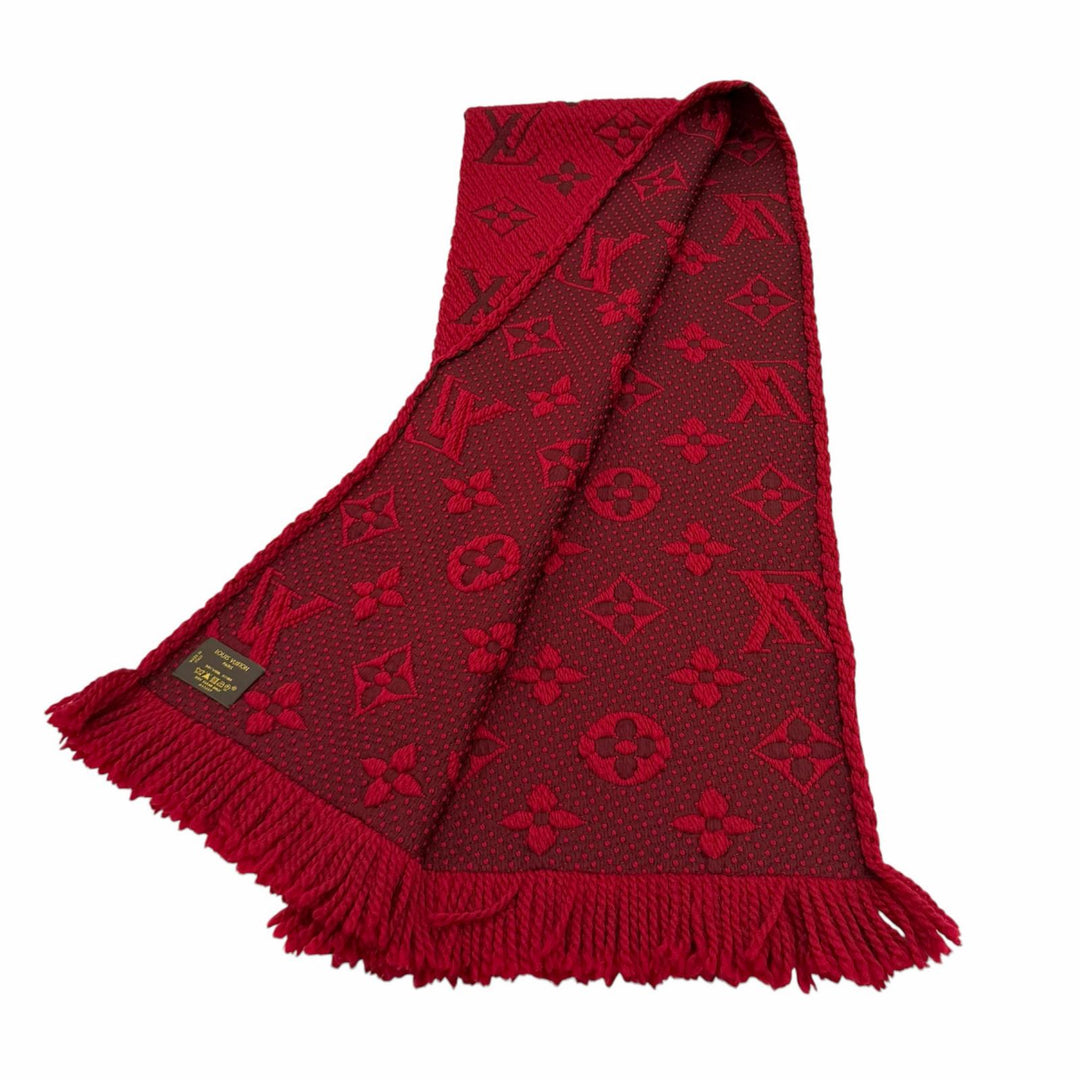 美品★LOUIS VUITTON ルイヴィトン 413287 エシャルプロゴマニア ウール シルク混 ルビー フリンジ付き マフラー イタリア製 レディース