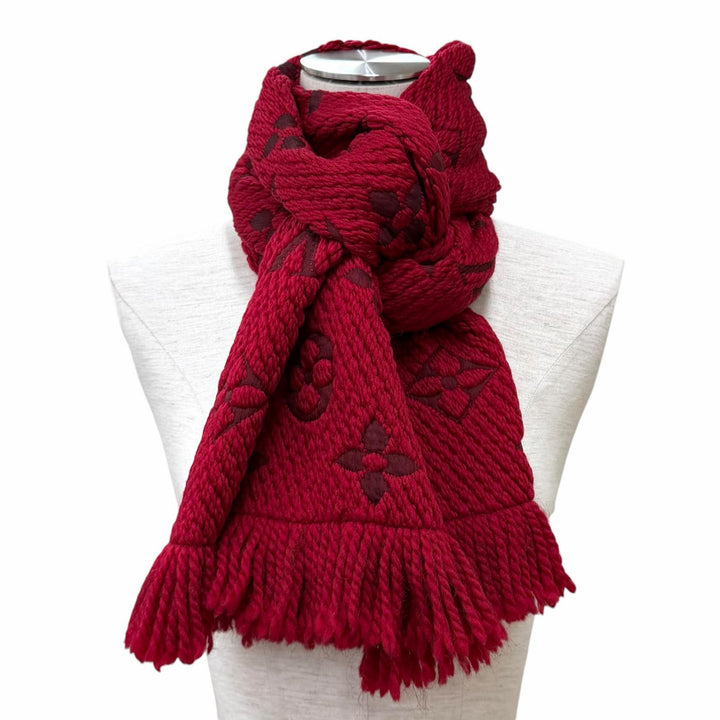 美品★LOUIS VUITTON ルイヴィトン 413287 エシャルプロゴマニア ウール シルク混 ルビー フリンジ付き マフラー イタリア製 レディース