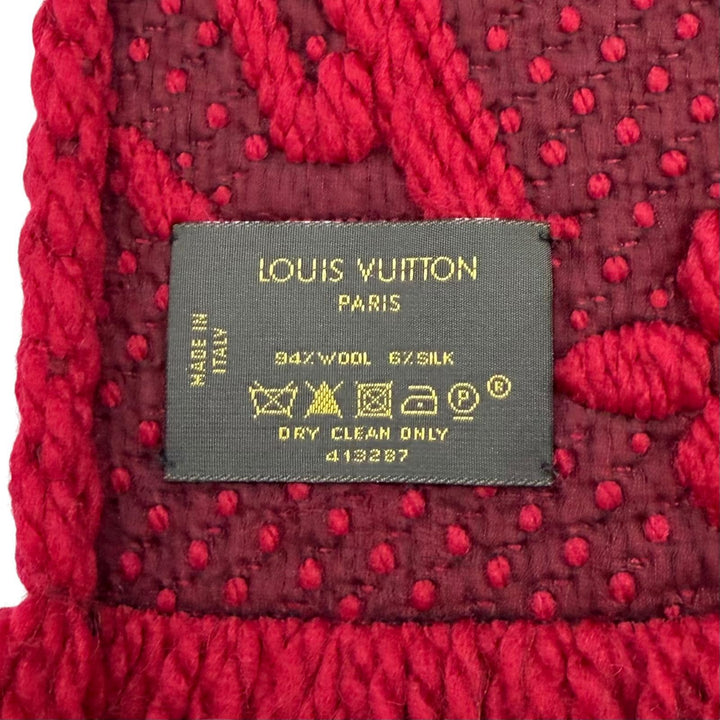 美品★LOUIS VUITTON ルイヴィトン 413287 エシャルプロゴマニア ウール シルク混 ルビー フリンジ付き マフラー イタリア製 レディース