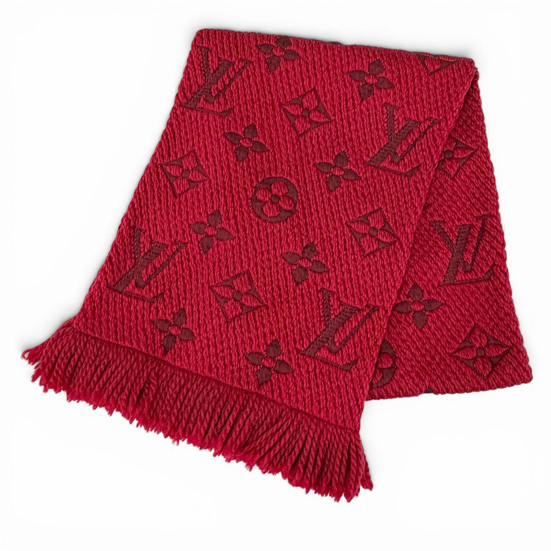 美品△LOUIS VUITTON ルイヴィトン 413287 エシャルプ ロゴマニア ウール シルク マフラー ルビー レッド イタリア製 レディース