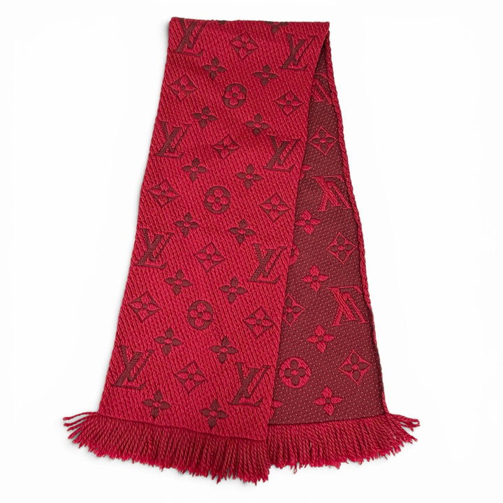 美品△LOUIS VUITTON ルイヴィトン 413287 エシャルプ ロゴマニア ウール シルク マフラー ルビー レッド イタリア製 レディース