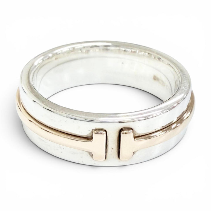 美品△TIFFANY&amp;Co. ティファニー T TWOナロー リング 指輪 AG925 AU750 シルバー ゴールド JP10号 重量6.7g レディース 箱・保存袋付き