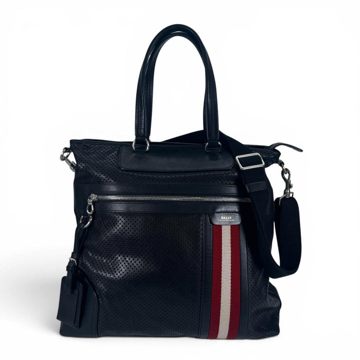 美品▲BALLY バリー OTHAMAR-LG カーフレザー パンチング ストライプ 2WAY トートバッグ ショルダーバッグ ブラック スイス製 メンズ