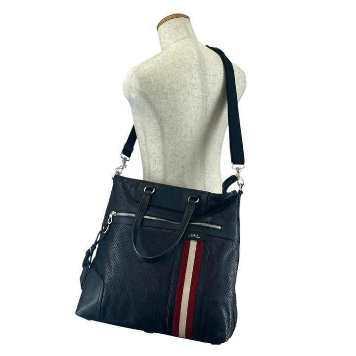 美品▲BALLY バリー OTHAMAR-LG カーフレザー パンチング ストライプ 2WAY トートバッグ ショルダーバッグ ブラック スイス製 メンズ