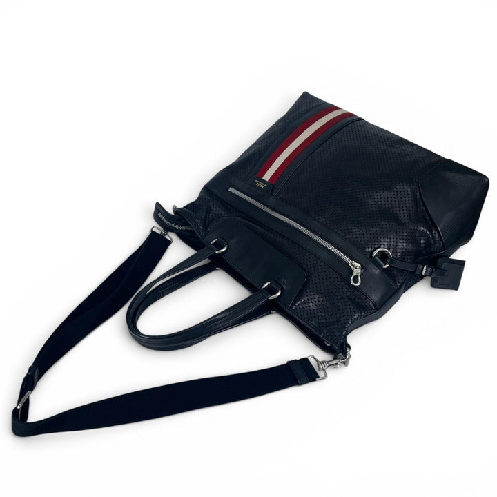 美品▲BALLY バリー OTHAMAR-LG カーフレザー パンチング ストライプ 2WAY トートバッグ ショルダーバッグ ブラック スイス製 メンズ