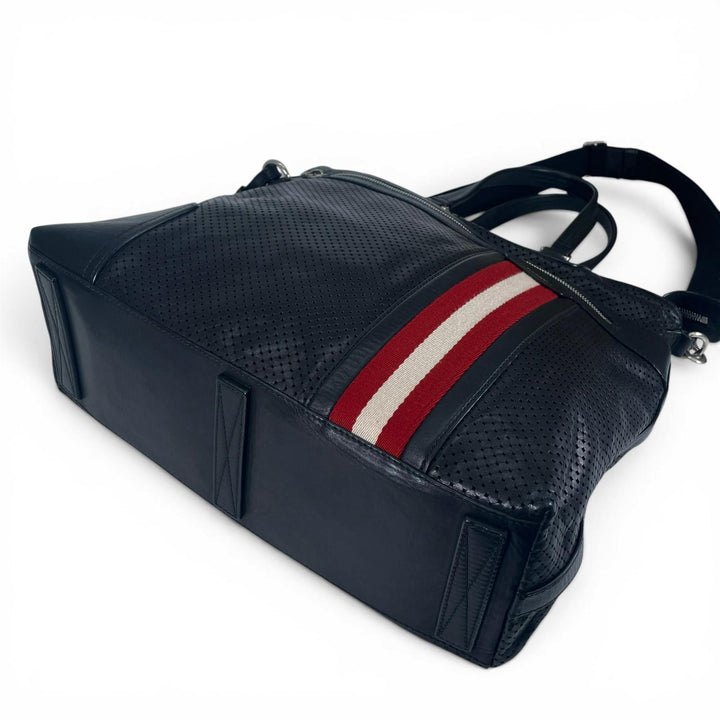 美品▲BALLY バリー OTHAMAR-LG カーフレザー パンチング ストライプ 2WAY トートバッグ ショルダーバッグ ブラック スイス製 メンズ