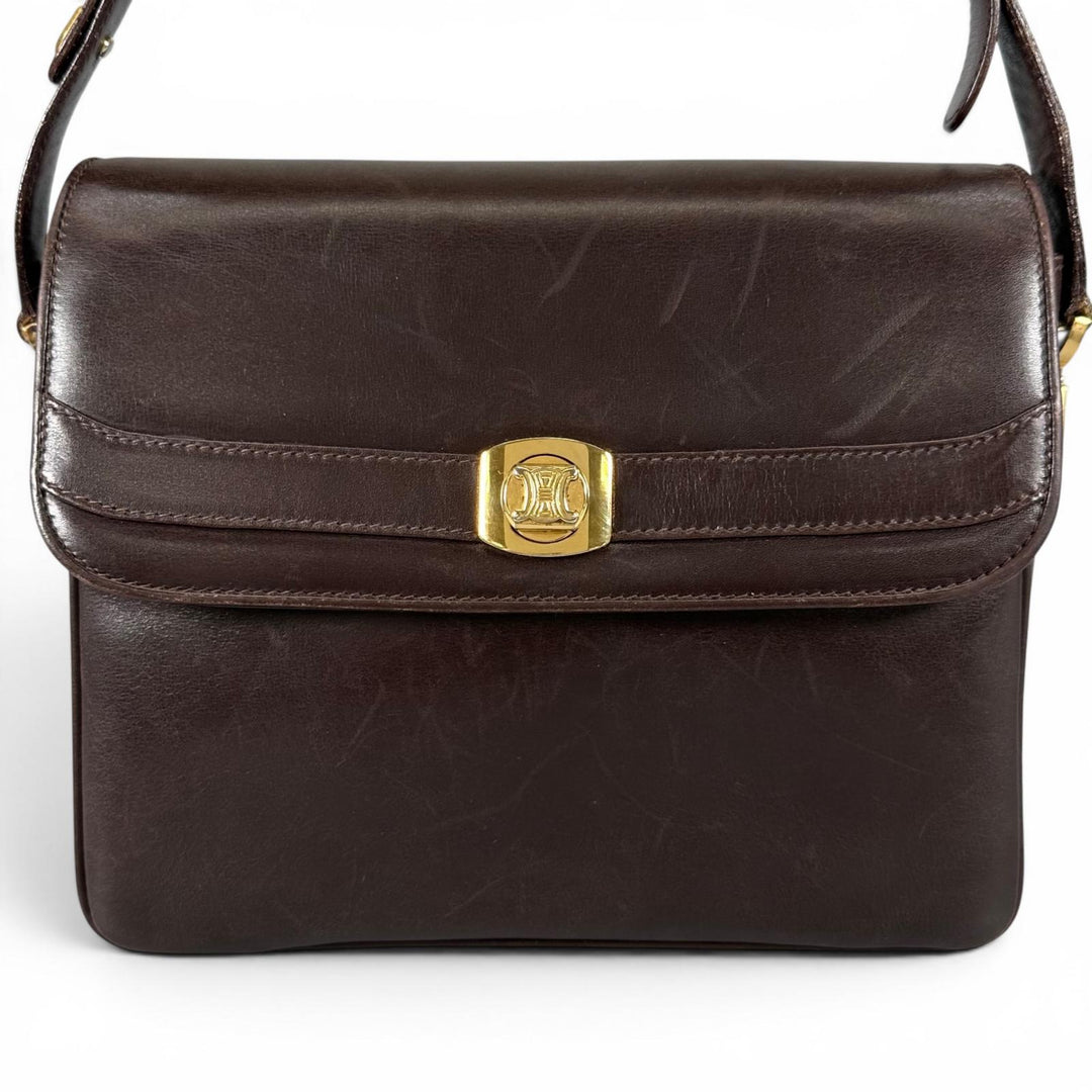 良品▲CELINE セリーヌ ヴィンテージ M04 トリンオフ レザー ハンドバッグ ブラウン ゴールド金具 イタリア製 レディース
