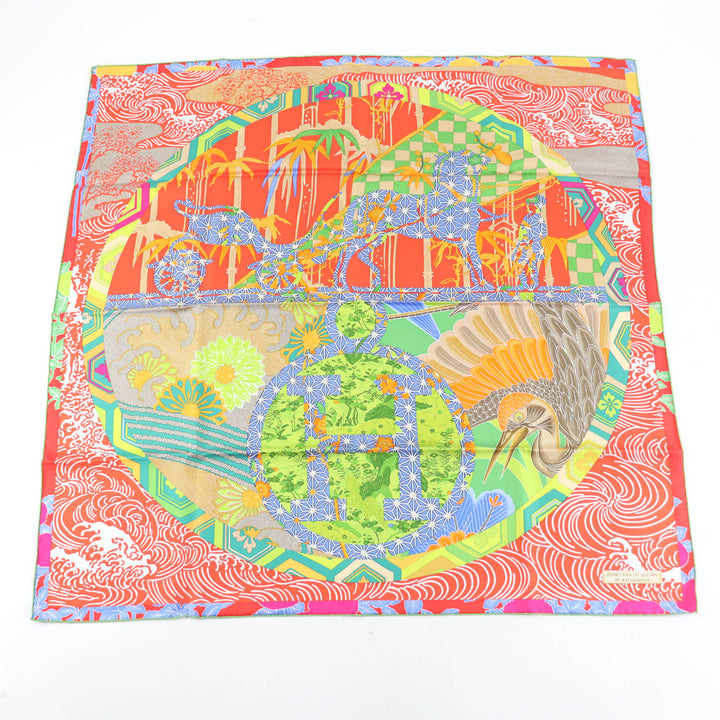 未使用品★HERMES エルメス カレ90 EX LIBRIS EN KIMONOS シルク100％ ORANGE/VERT POMME 松坂屋400周年限定 スカーフ 箱付き
