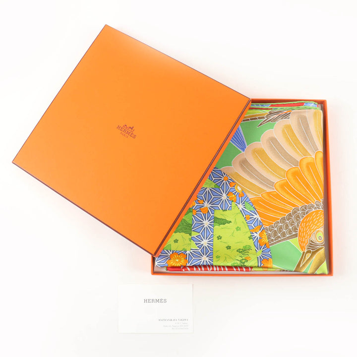 未使用品★HERMES エルメス カレ90 EX LIBRIS EN KIMONOS シルク100％ ORANGE/VERT POMME 松坂屋400周年限定 スカーフ 箱付き