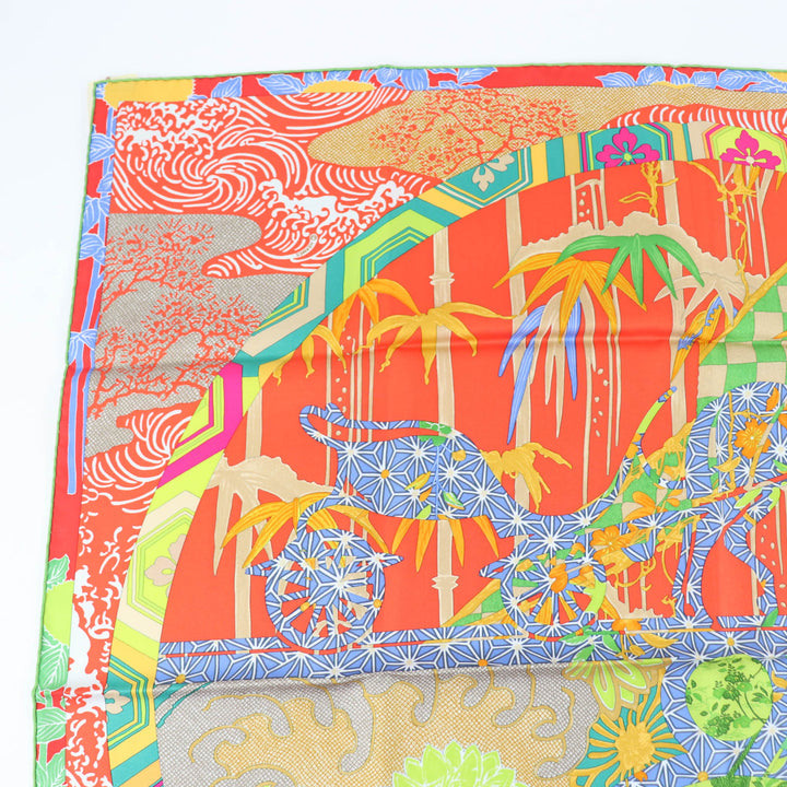 未使用品★HERMES エルメス カレ90 EX LIBRIS EN KIMONOS シルク100％ ORANGE/VERT POMME 松坂屋400周年限定 スカーフ 箱付き
