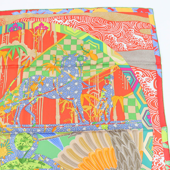 未使用品★HERMES エルメス カレ90 EX LIBRIS EN KIMONOS シルク100％ ORANGE/VERT POMME 松坂屋400周年限定 スカーフ 箱付き