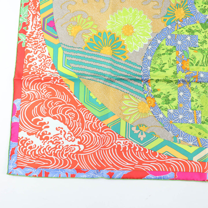 未使用品★HERMES エルメス カレ90 EX LIBRIS EN KIMONOS シルク100％ ORANGE/VERT POMME 松坂屋400周年限定 スカーフ 箱付き
