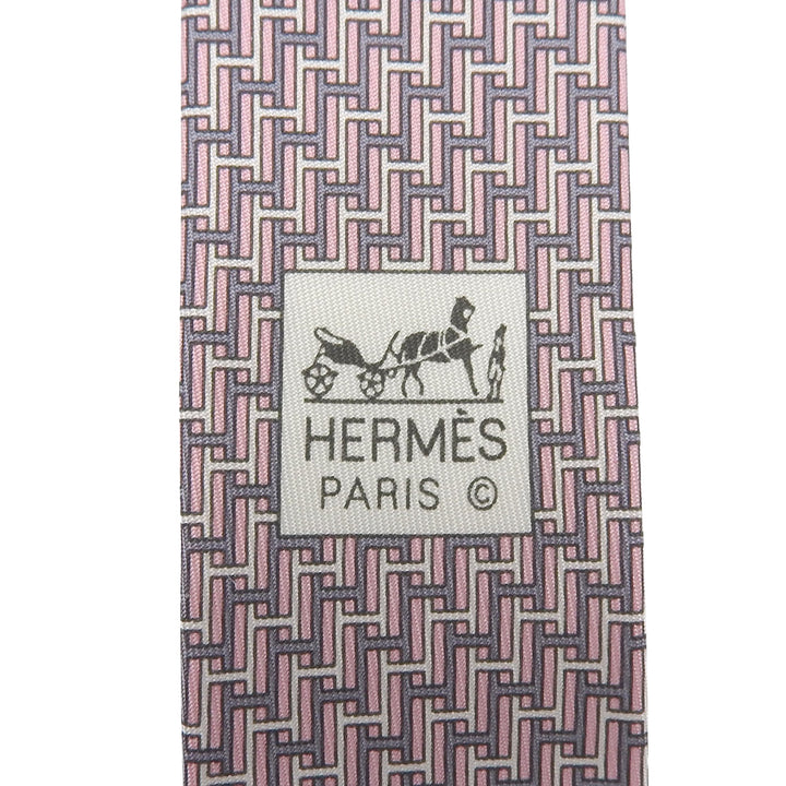 未使用品▲HERMES エルメス 605680 シルク100％ H柄 シルクツイルタイ ネクタイ ピンク グレー ホワイト フランス製 メンズ オススメ◎