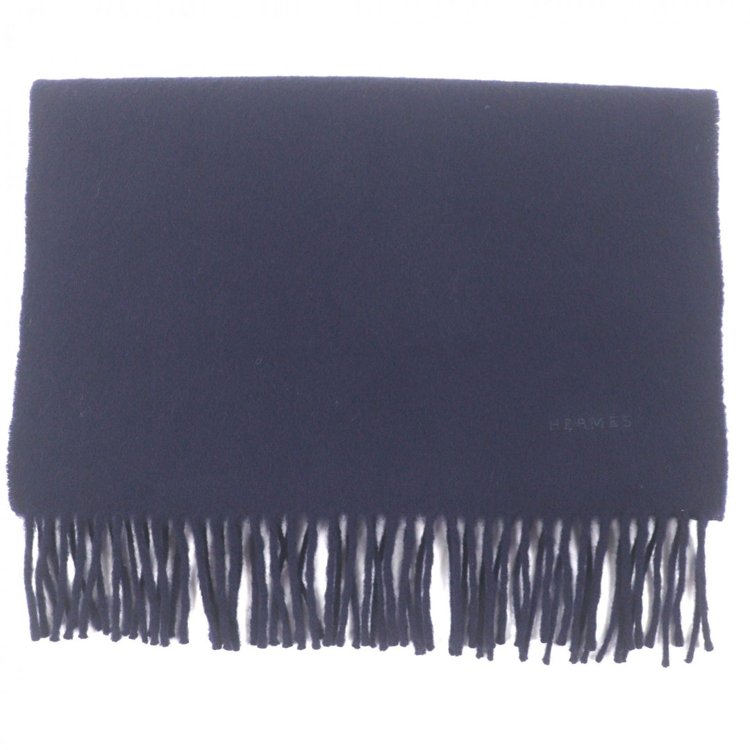 極美品▼HERMES エルメス カシミヤ100% ロゴ刺繍 フリンジ付き マフラー ネイビー スコットランド製 メンズ レディース シンプル◎
