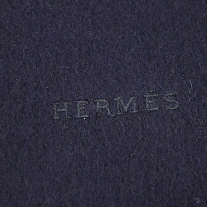 極美品▼HERMES エルメス カシミヤ100% ロゴ刺繍 フリンジ付き マフラー ネイビー スコットランド製 メンズ レディース シンプル◎