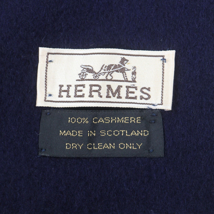 極美品▼HERMES エルメス カシミヤ100% ロゴ刺繍 フリンジ付き マフラー ネイビー スコットランド製 メンズ レディース シンプル◎