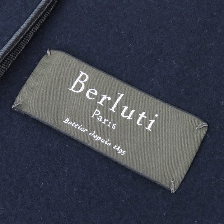 美品△Berluti ベルルッティ R13OCU27W ウール アンゴラ 襟・袖口レザー使い シングル チェスターコート ネイビー 44 イタリア製 正規品