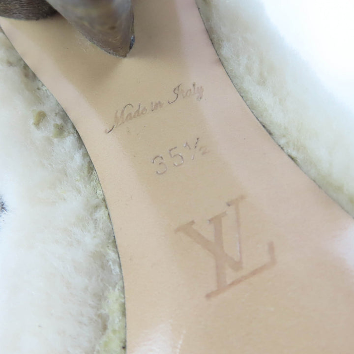 美品☆LOUIS VUITTON ルイヴィトン LVボブールライン レザー使い ヒールモノグラム ファーブーツ ショートブーツ ベージュ 35.5 伊製