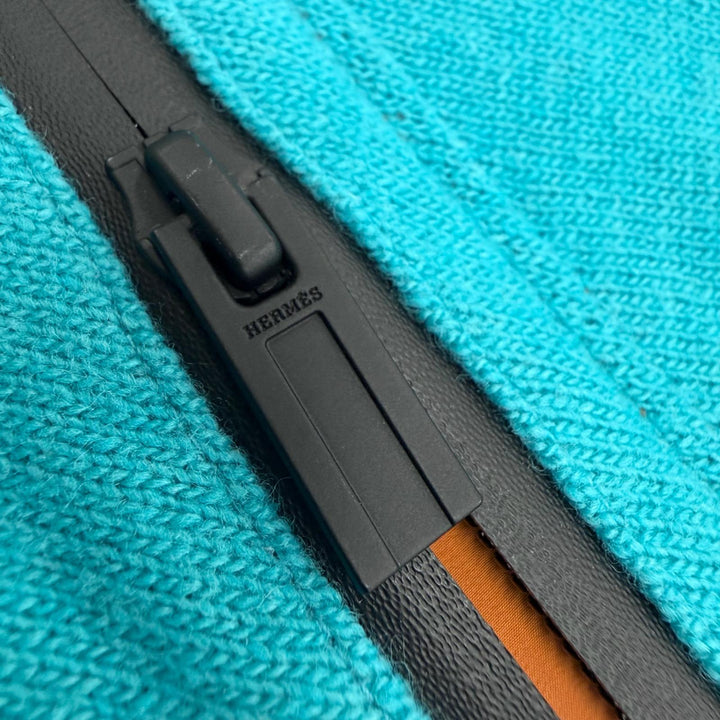 美品▼HERMES エルメス ウール カシミヤ ポケット付き クルーネック プルオーバー ニットセーター ターコイズブルー M 伊製 メンズ