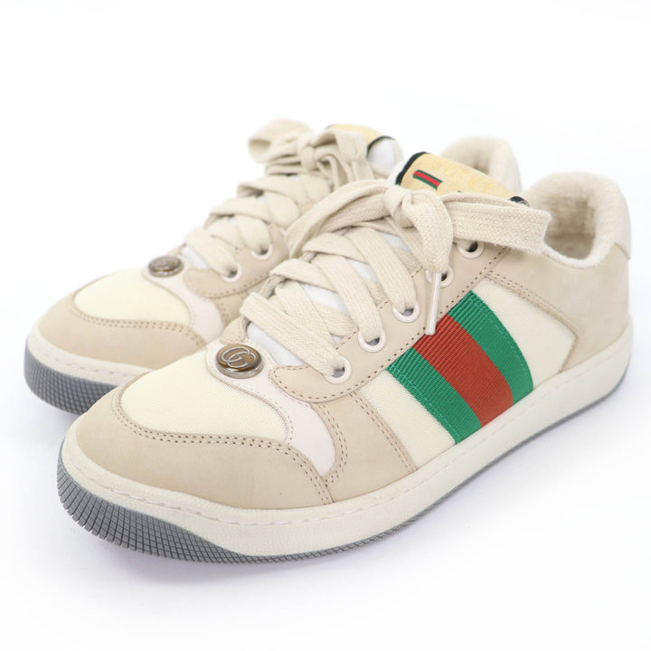 美品☆GUCCI グッチ レザー使い ウェブストライプ GGマーモント ヴィンテージロゴ ローカットスニーカー ベージュ 35.5 伊製 レディース