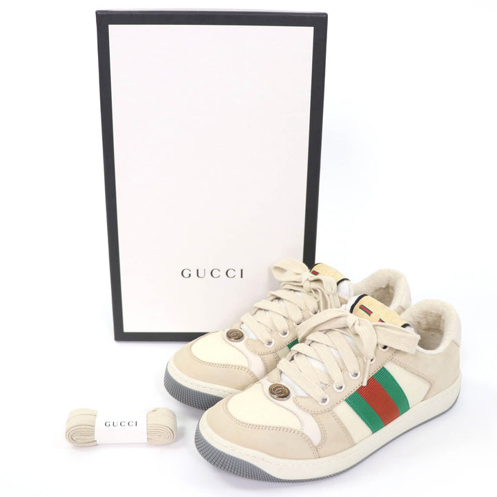 美品☆GUCCI グッチ レザー使い ウェブストライプ GGマーモント ヴィンテージロゴ ローカットスニーカー ベージュ 35.5 伊製 レディース