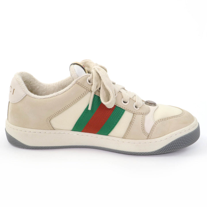 美品☆GUCCI グッチ レザー使い ウェブストライプ GGマーモント ヴィンテージロゴ ローカットスニーカー ベージュ 35.5 伊製 レディース